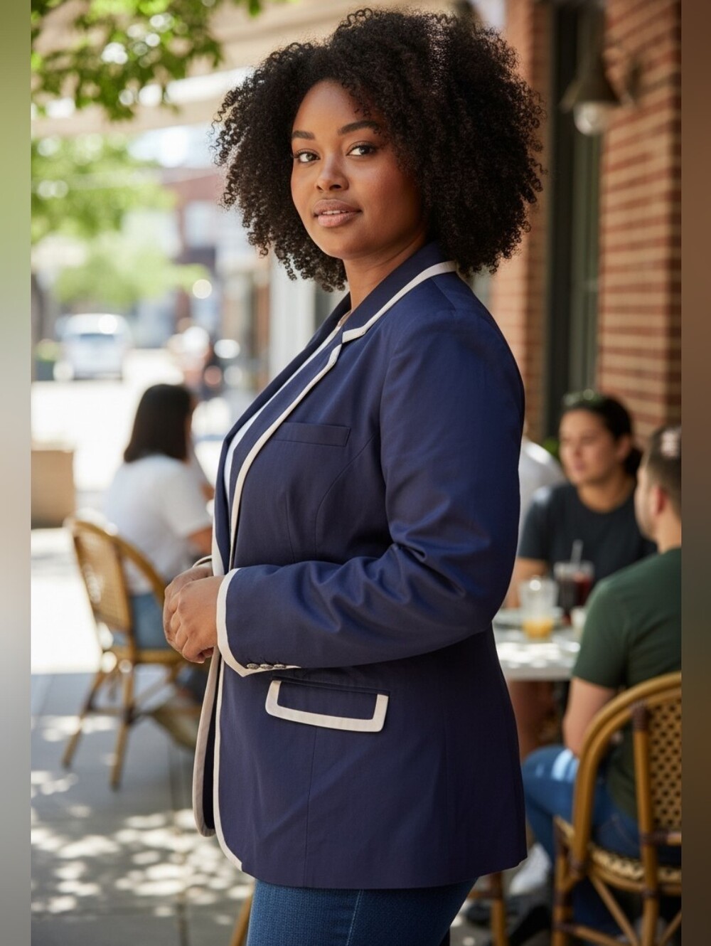 Jessica London Navy Contrast-Trim Blazer Jacket - Women